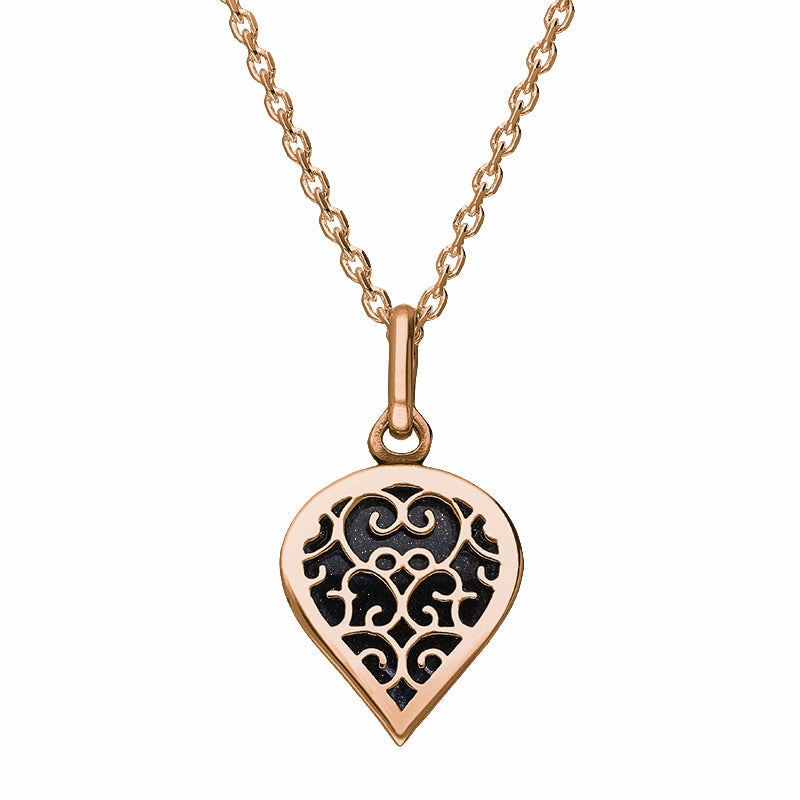 9ct Rose Gold Blue Goldstone Flore Filigree Small Heart Necklace