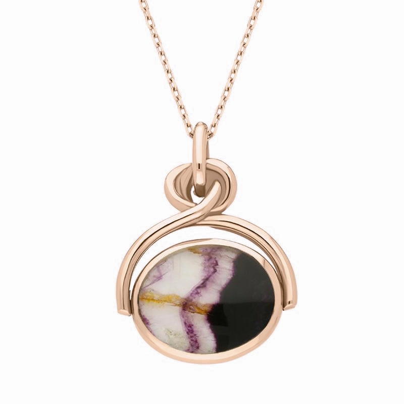 9ct Rose Gold Blue John White Mother of Pearl Oval Swivel Fob Necklace