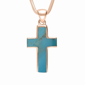 9ct Rose Gold Turquoise Channel Set Cross Necklace