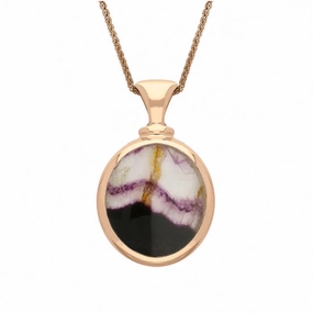 9ct Rose Gold Whitby Jet Blue John Small Double Sided Oval Fob Necklace