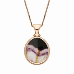 9ct Rose Gold Whitby Jet Blue John Small Double Sided Pear Fob Necklace