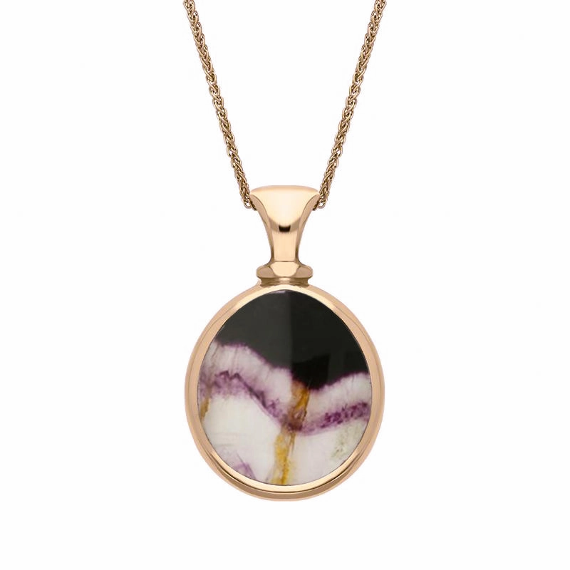 9ct Rose Gold Whitby Jet Blue John Small Double Sided Pear Fob Necklace