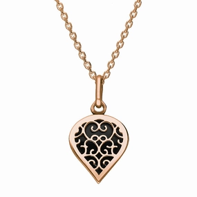 9ct Rose Gold Whitby Jet Flore Filigree Small Heart Necklace