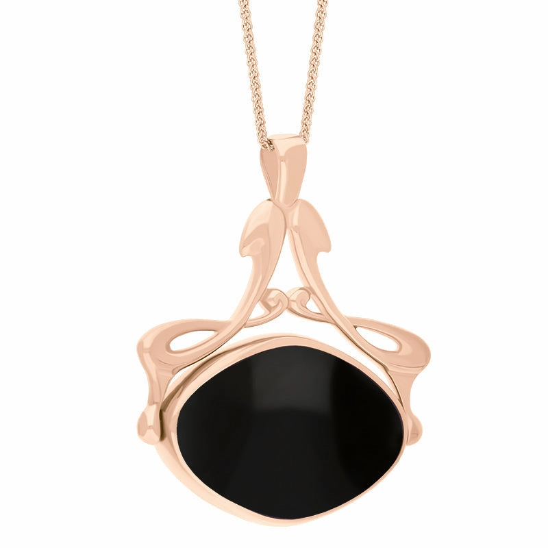 9ct Rose Gold Whitby Jet Lapis Lazuli Bell Diamond Swivel Fob Necklace