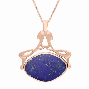 9ct Rose Gold Whitby Jet Lapis Lazuli Bell Diamond Swivel Fob Necklace