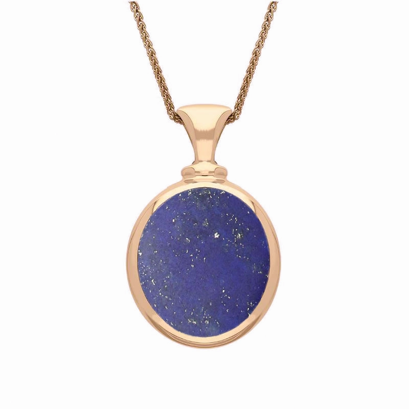 9ct Rose Gold Whitby Jet Lapis Lazuli Small Double Sided Oval Fob Necklace