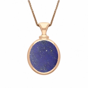 9ct Rose Gold Whitby Jet Lapis Lazuli Small Double Sided Oval Fob Necklace