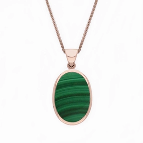 9ct Rose Gold Whitby Jet Malachite Small Double Sided Fob Necklace