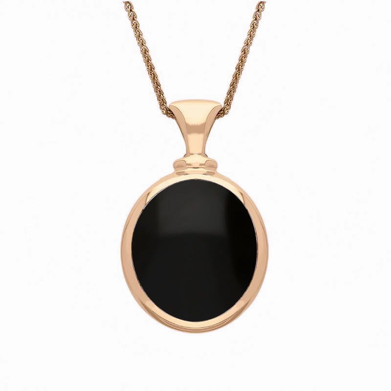 9ct Rose Gold Whitby Jet Malachite Small Double Sided Oval Fob Necklace