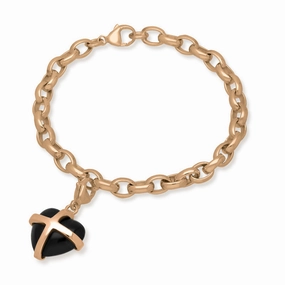 9ct Rose Gold Whitby Jet Medium Cross Heart Charm Bracelet