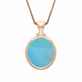 9ct Rose Gold Whitby Jet Turquoise Small Double Sided Oval Fob Necklace