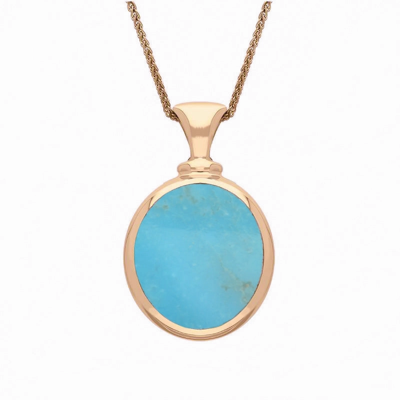 9ct Rose Gold Whitby Jet Turquoise Small Double Sided Oval Fob Necklace