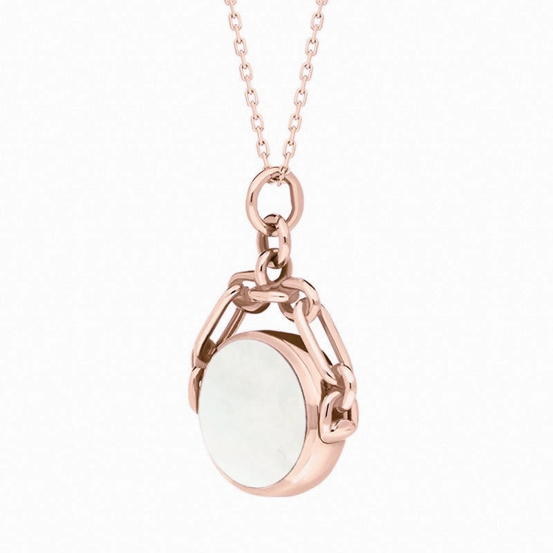 9ct Rose Gold Whitby Jet White Mother Of Pearl Double Sided Swivel Fob Necklace
