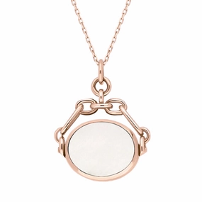 9ct Rose Gold Whitby Jet White Mother Of Pearl Double Sided Swivel Fob Necklace