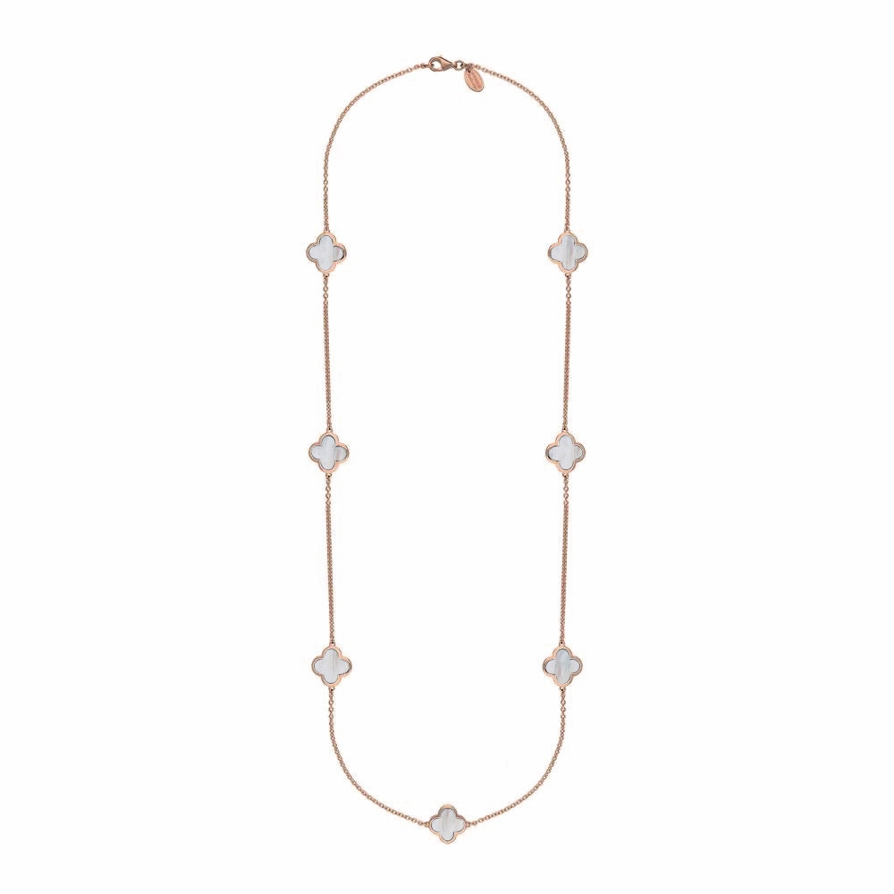 9ct Rose Gold White Mother of Pearl Bloom Four Leaf Clover Long Necklace