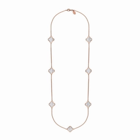 9ct Rose Gold White Mother of Pearl Bloom Four Leaf Clover Long Necklace