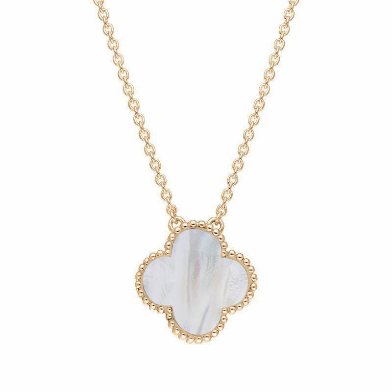9ct Rose Gold White Mother of Pearl Bloom Large Four Leaf Clover Ball Edge Chain Necklet