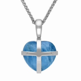 9ct White Gold Aquamarine Small Cross Heart Necklace