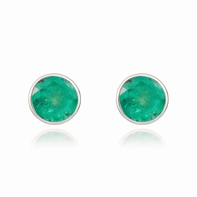 9ct White Gold Emerald 5mm Round Rub Over Set Stud Earrings