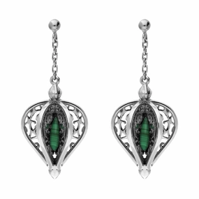 9ct White Gold Malachite Flore Filigree Drop Earrings