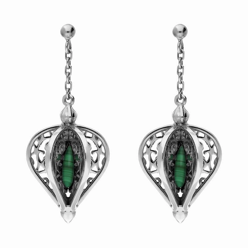 9ct White Gold Malachite Flore Filigree Drop Earrings