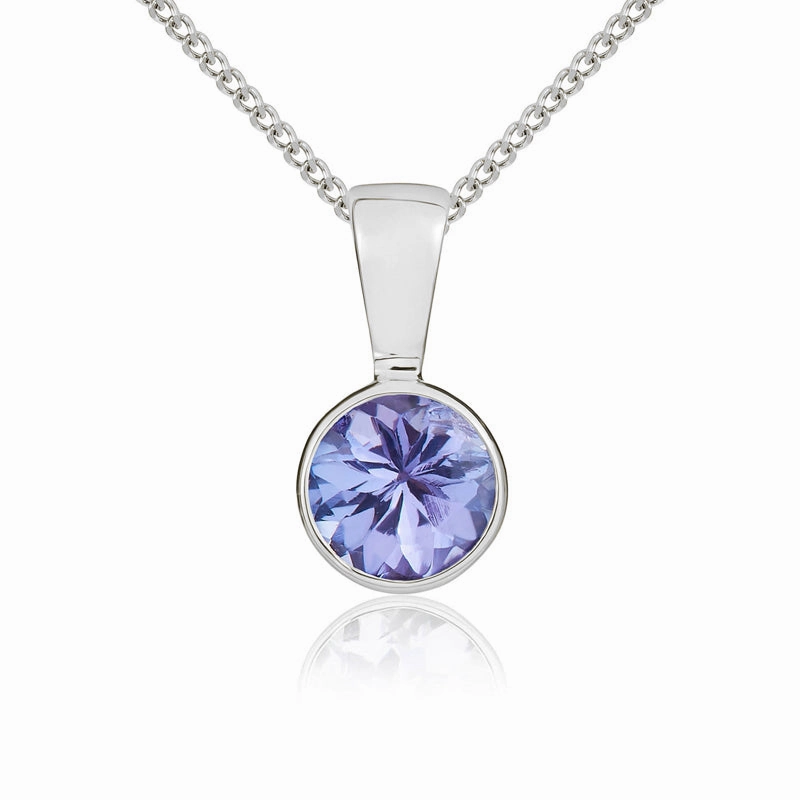 9ct White Gold Tanzanite 5mm Round Rub Over Set Pendant