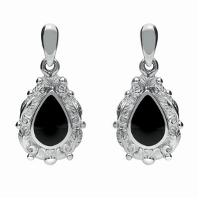 9ct White Gold Whitby Jet Pear Shaped Leaf Drop Earrings