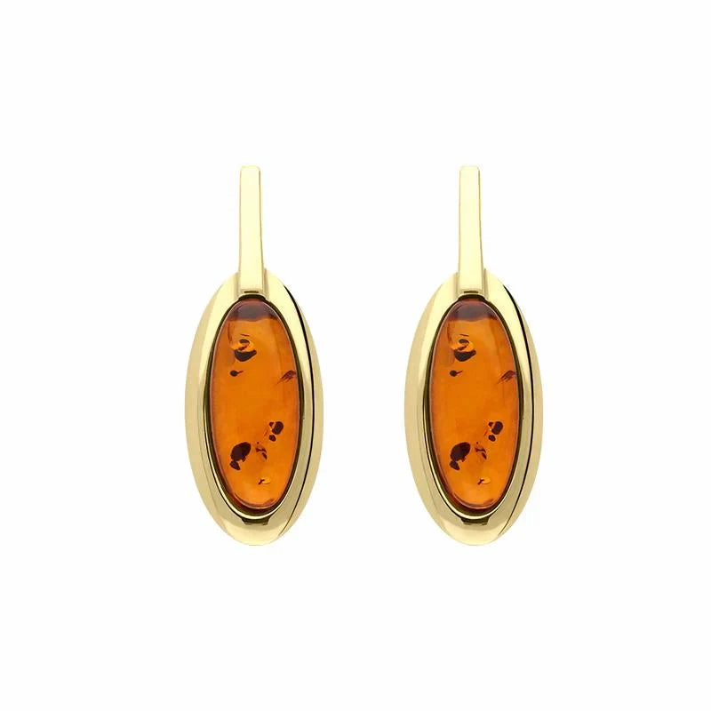 9ct Yellow Gold Amber Oval Drop Stud Earrings D