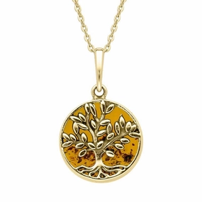 9ct Yellow Gold Amber Small Round Large Leaves Tree of Life Necklace