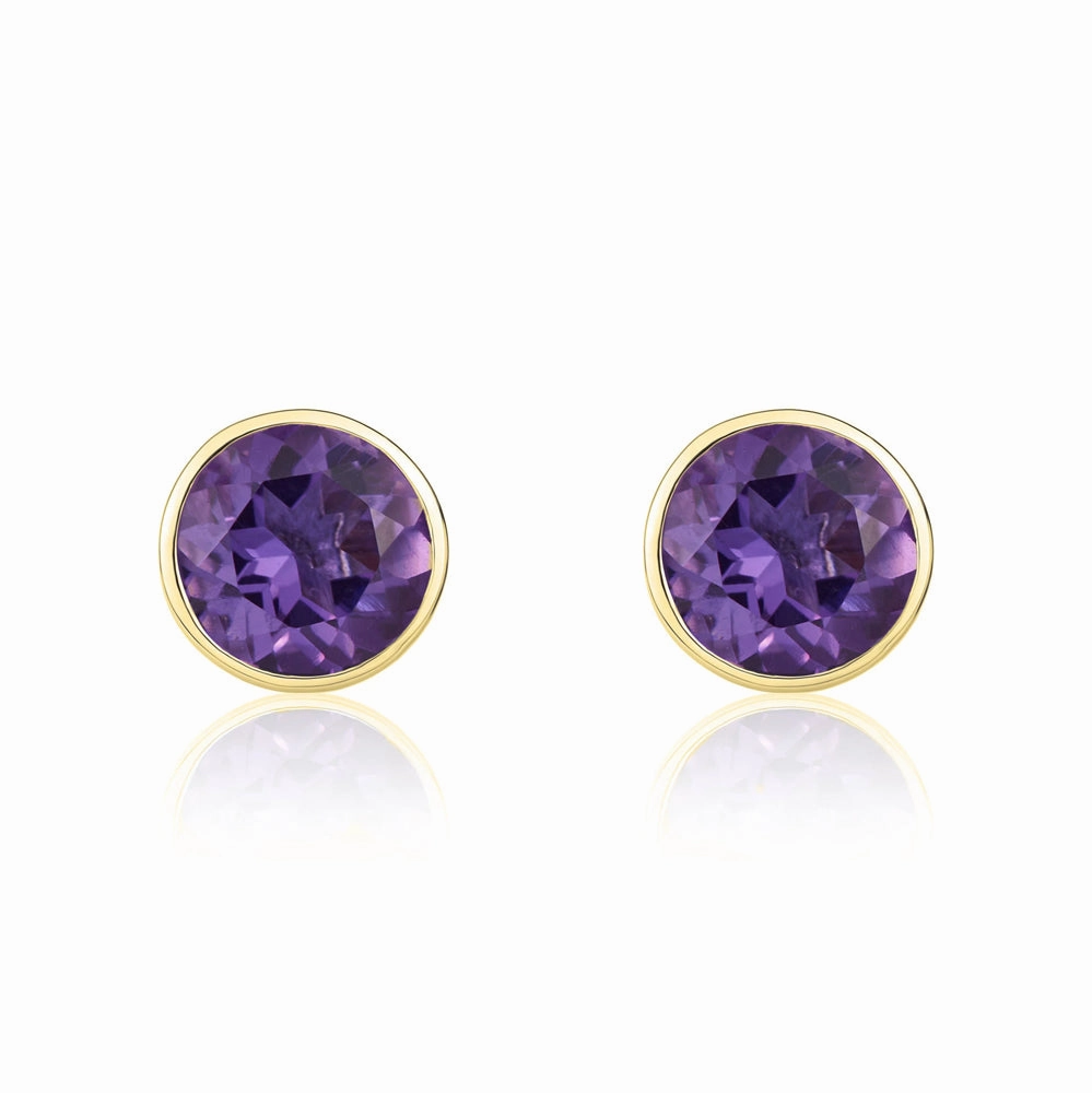 9ct Yellow Gold Amethyst 5mm Round Rub Over Set Stud Earrings