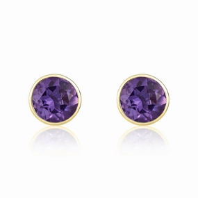 9ct Yellow Gold Amethyst 5mm Round Rub Over Set Stud Earrings