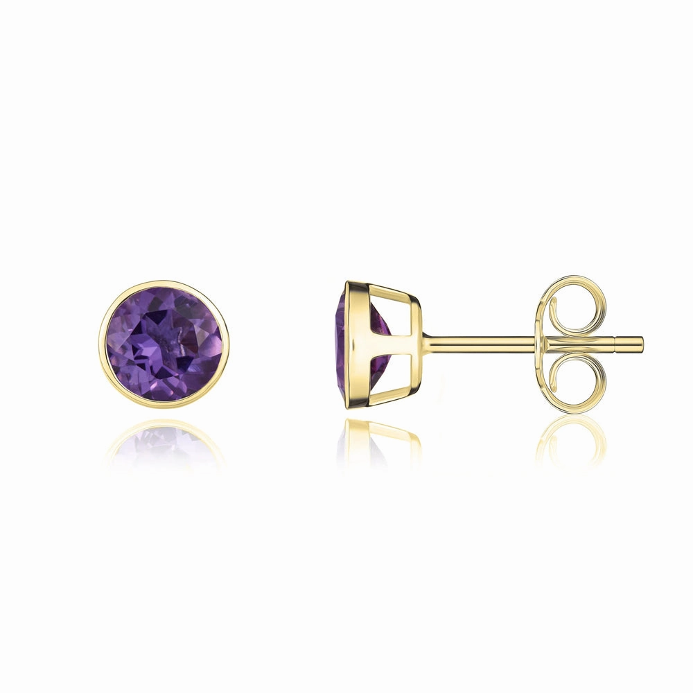 9ct Yellow Gold Amethyst 5mm Round Rub Over Set Stud Earrings