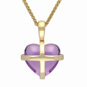 9ct Yellow Gold Amethyst Small Cross Heart Necklace