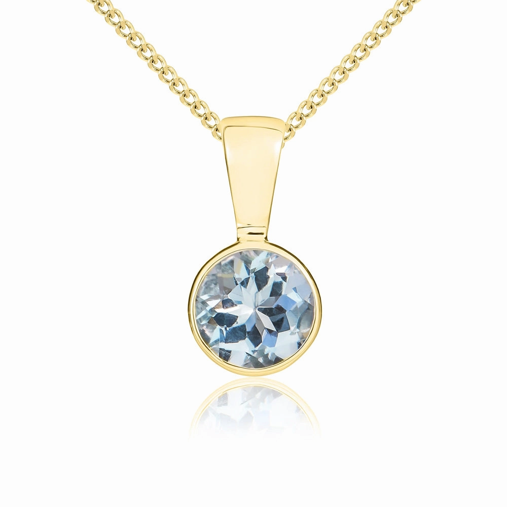 9ct Yellow Gold Aquamarine 5mm Round Rub Over Set Necklace