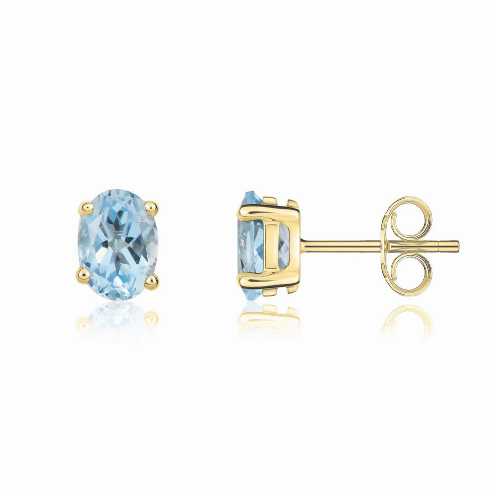 9ct Yellow Gold Aquamarine 7x5mm Oval Claw Set Stud Earrings