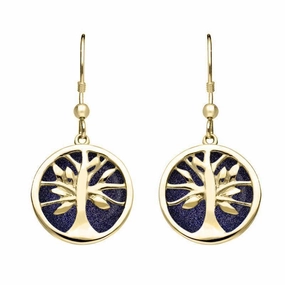 9ct Yellow Gold Blue Goldstone Round Tree of Life Drop Earrings