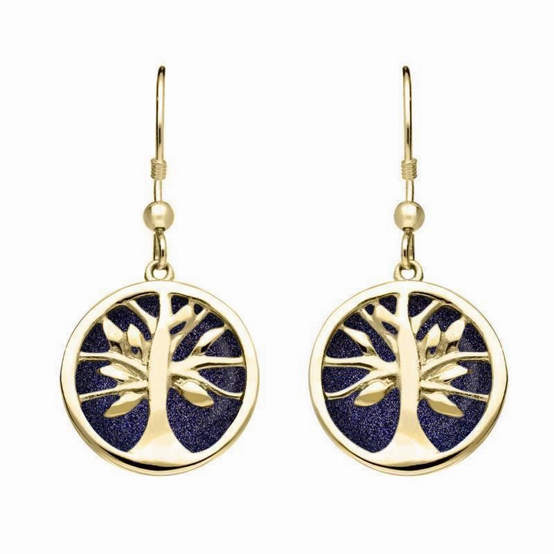 9ct Yellow Gold Blue Goldstone Round Tree of Life Drop Earrings