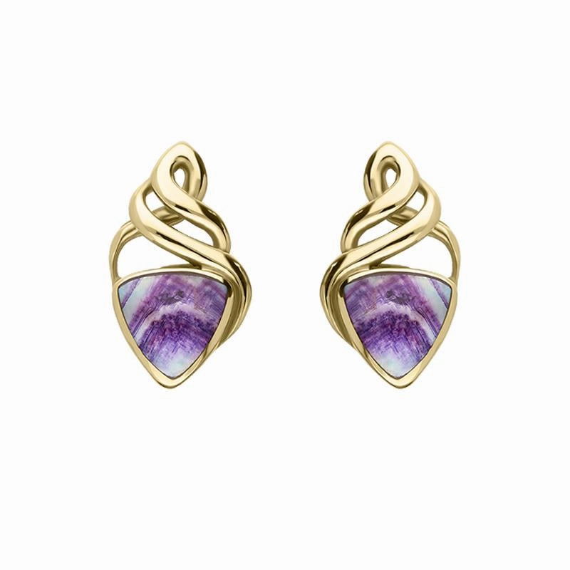 9ct Yellow Gold Blue John Celtic Triangle Stud Earrings