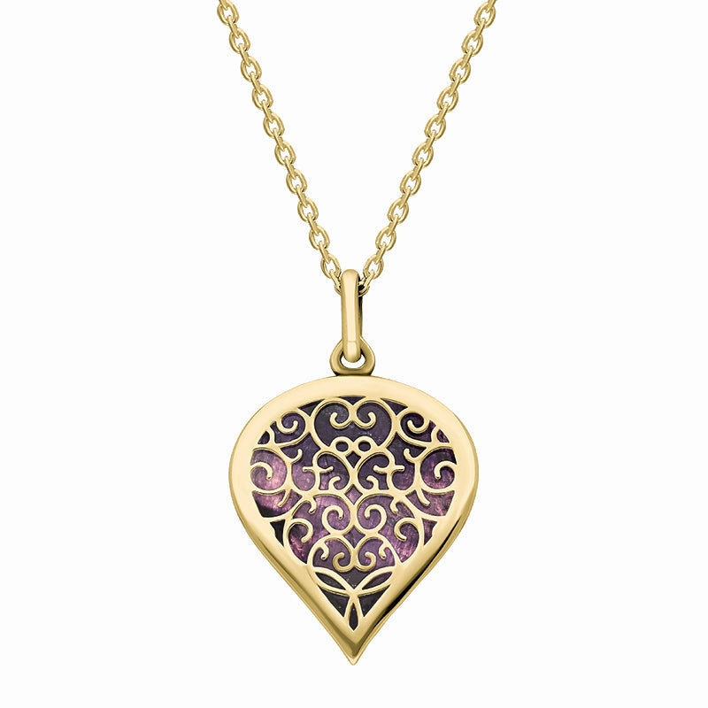 9ct Yellow Gold Blue John Flore Filigree Medium Heart Necklace