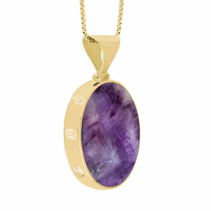 9ct Yellow Gold Blue John Mother of Pearl Queens Jubilee Hallmark Double Sided Oval Necklace D