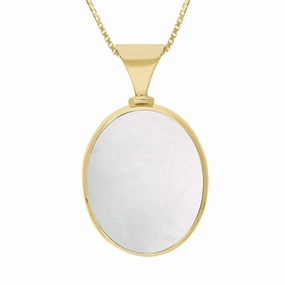 9ct Yellow Gold Blue John Mother of Pearl Queens Jubilee Hallmark Double Sided Oval Necklace D