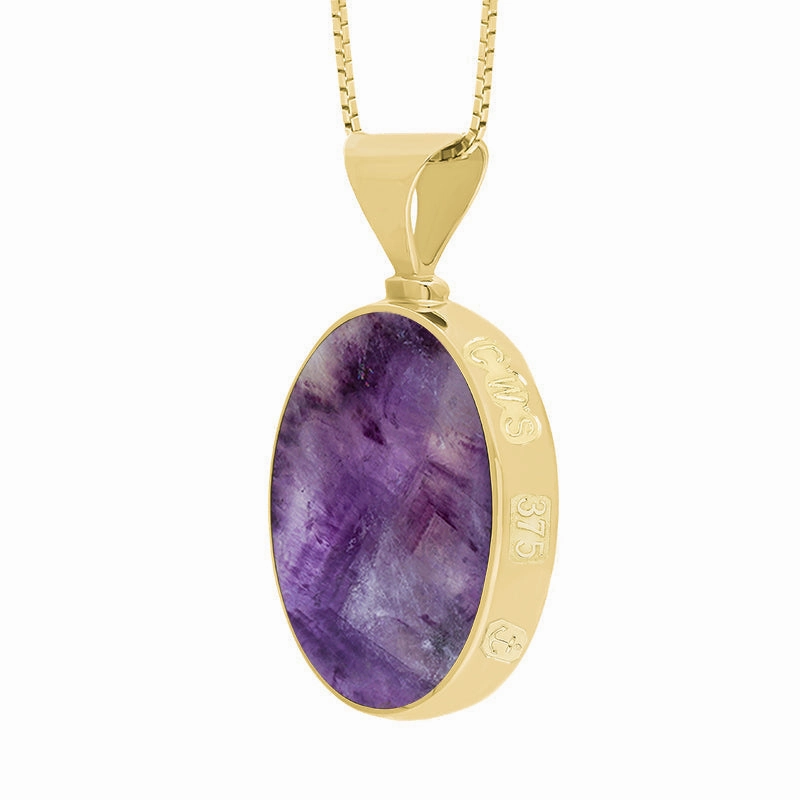 9ct Yellow Gold Blue John Mother of Pearl Queens Jubilee Hallmark Double Sided Oval Necklace D