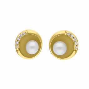 9ct Yellow Gold Diamond Freshwater Pearl Round Stud Earrings
