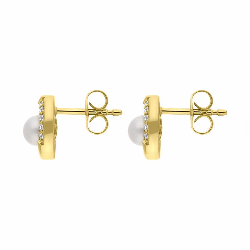 9ct Yellow Gold Diamond Freshwater Pearl Round Stud Earrings