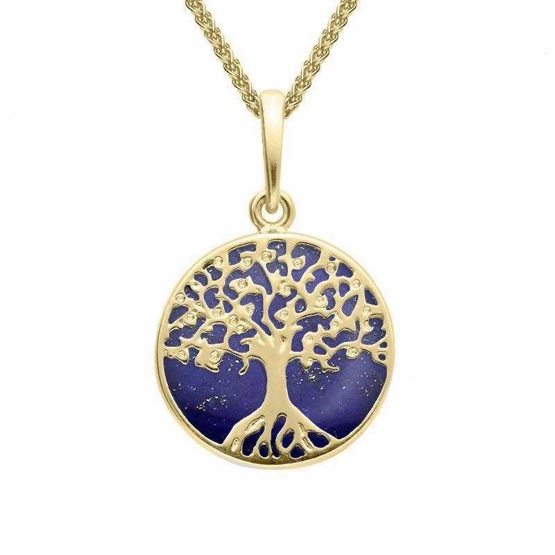 9ct Yellow Gold Lapis Lazuli Small Round Tree Of Life Necklace