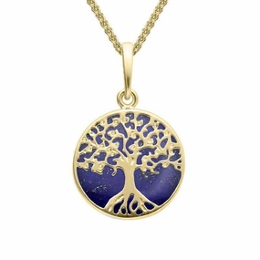 9ct Yellow Gold Lapis Lazuli Small Round Tree Of Life Necklace