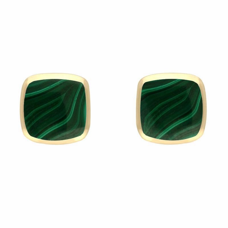 9ct Yellow Gold Malachite Small Dinky Cushion Stud Earrings