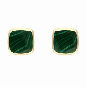 9ct Yellow Gold Malachite Small Dinky Cushion Stud Earrings