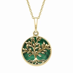 9ct Yellow Gold Malachite Small Round Large Leaves Tree of Life Necklace