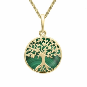 9ct Yellow Gold Malachite Small Round Tree Of Life Necklace